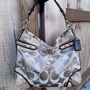 Coach Beige and Chalk Signature Shoulder Bag with Snake-Print Trim